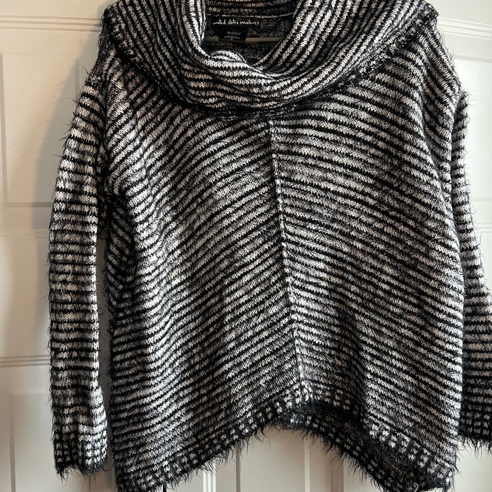 Women’s Black and White Striped Cowl Neck Sweater